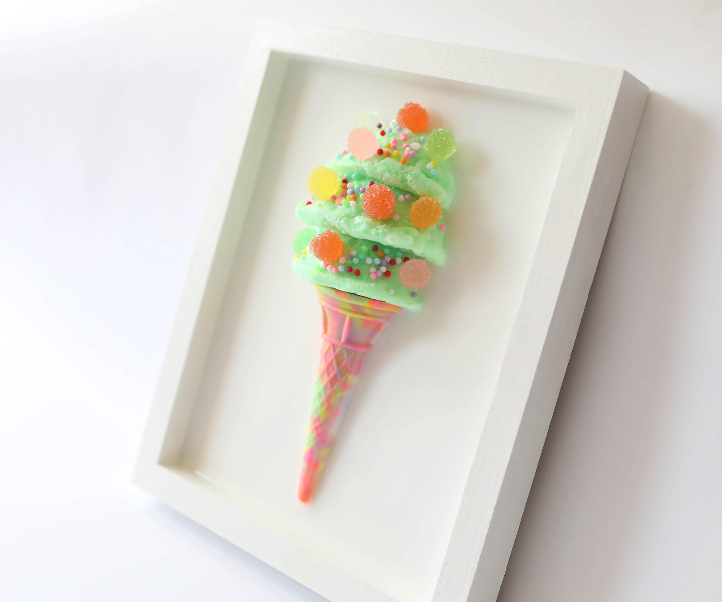 Whimsical Mint Green Ice Cream Art, Colourful Kids Room Decoration with Faux Candy, Unique Birthday Gift for Children’s Room