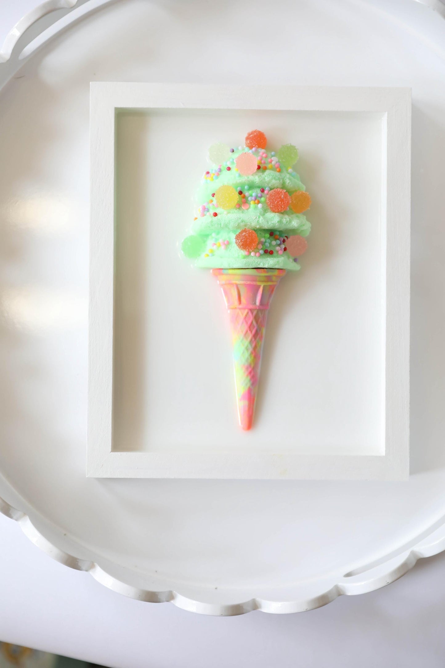 Whimsical Mint Green Ice Cream Art, Colourful Kids Room Decoration with Faux Candy, Unique Birthday Gift for Children’s Room