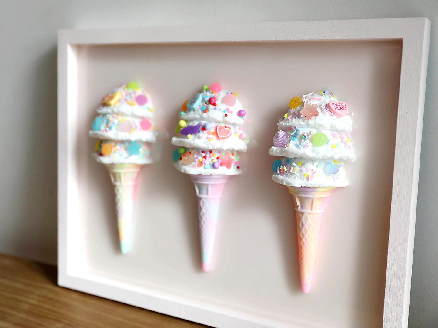 Triple Scoop Ice Cream Artwork, Handcrafted Resin Wall Art in Pastel Colours, Perfect for Kids' Rooms and Birthday Gifts