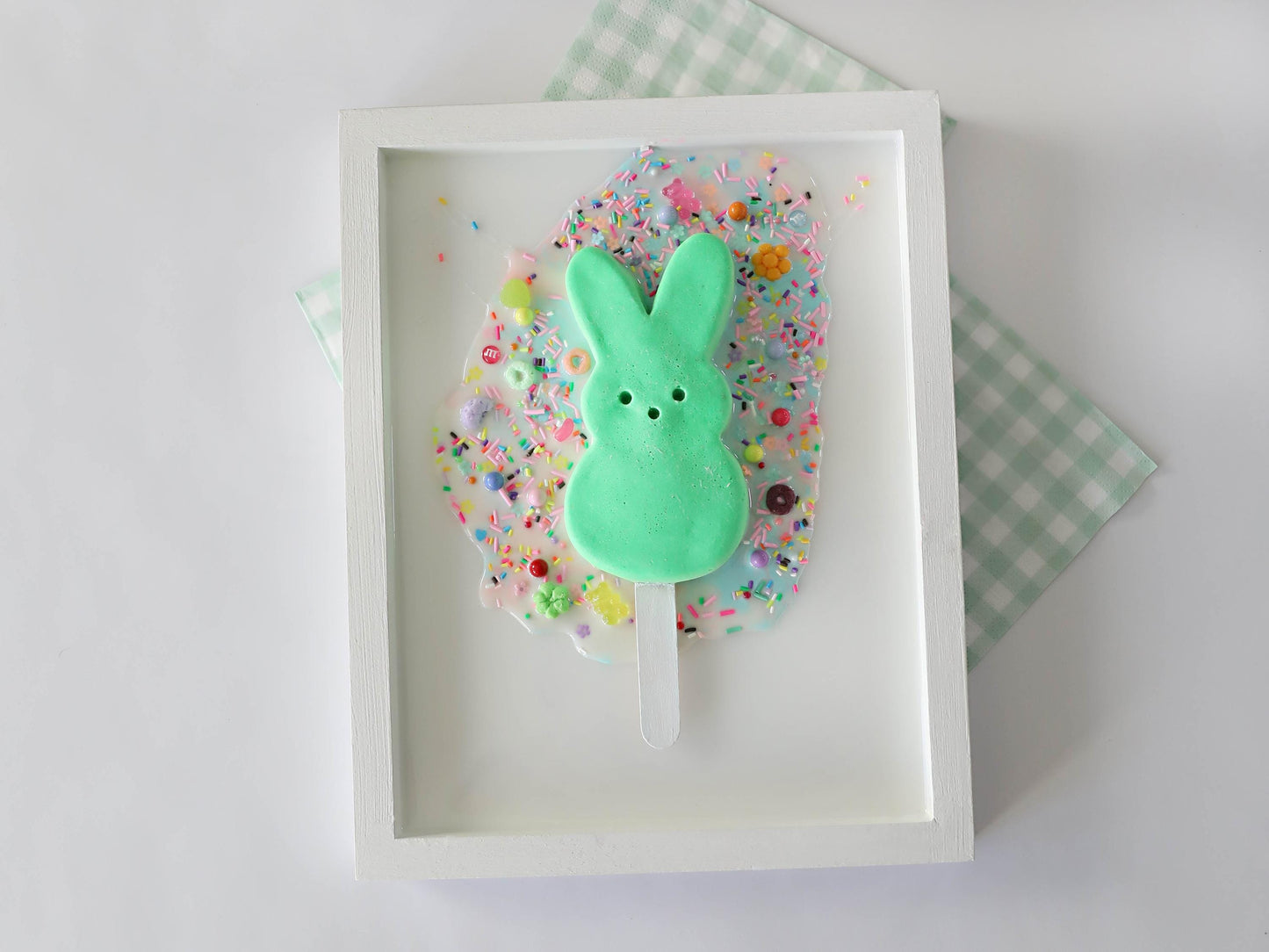 Marshmallow Bunny Popsicle Artwork, Handcrafted Clay Bunnies in Resin Pool, Whimsical Nursery Decor for Baby Shower Gift