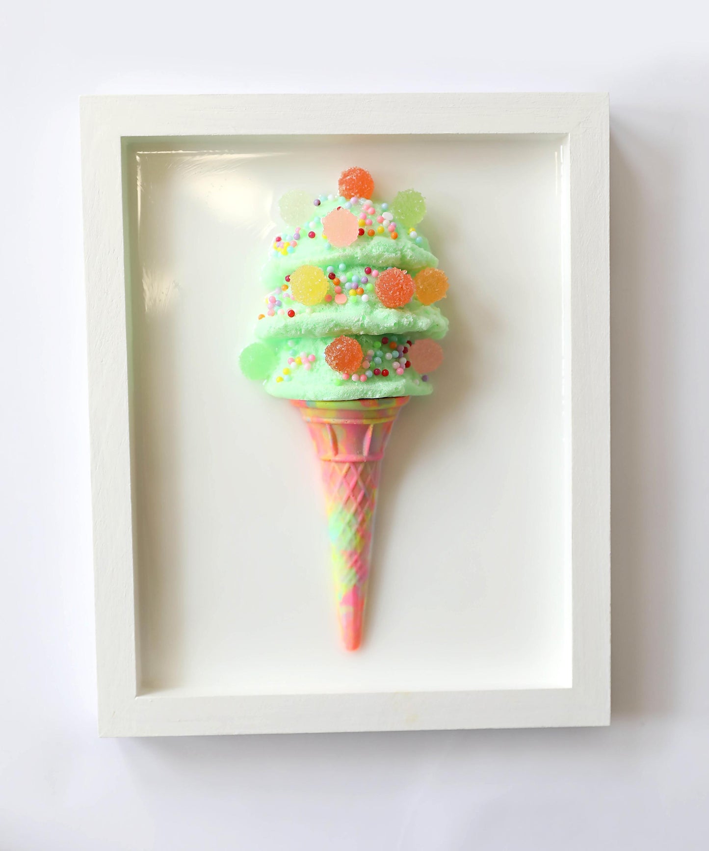 Whimsical Mint Green Ice Cream Art, Colourful Kids Room Decoration with Faux Candy, Unique Birthday Gift for Children’s Room