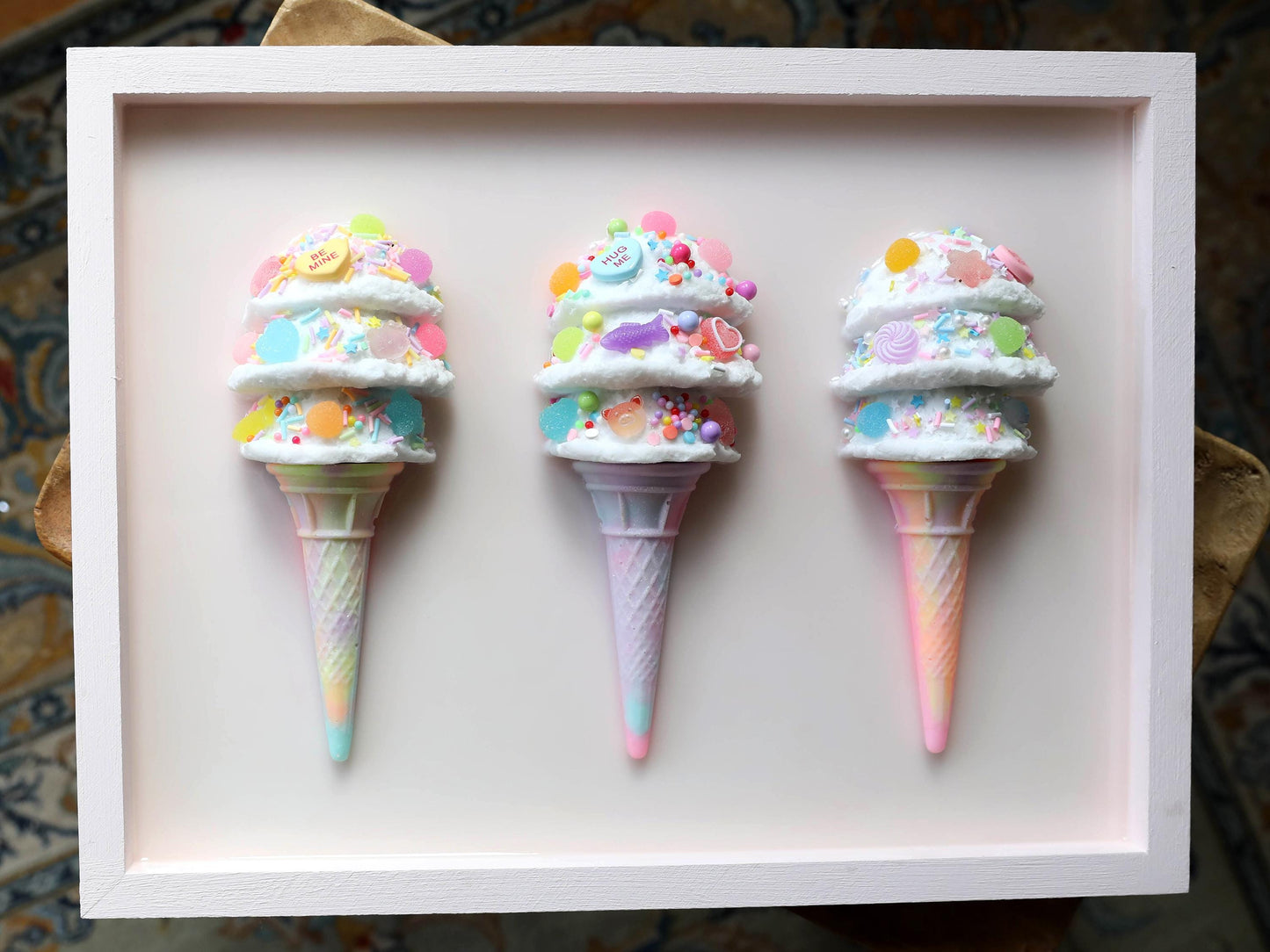 Triple Scoop Ice Cream Artwork, Handcrafted Resin Wall Art in Pastel Colours, Perfect for Kids' Rooms and Birthday Gifts