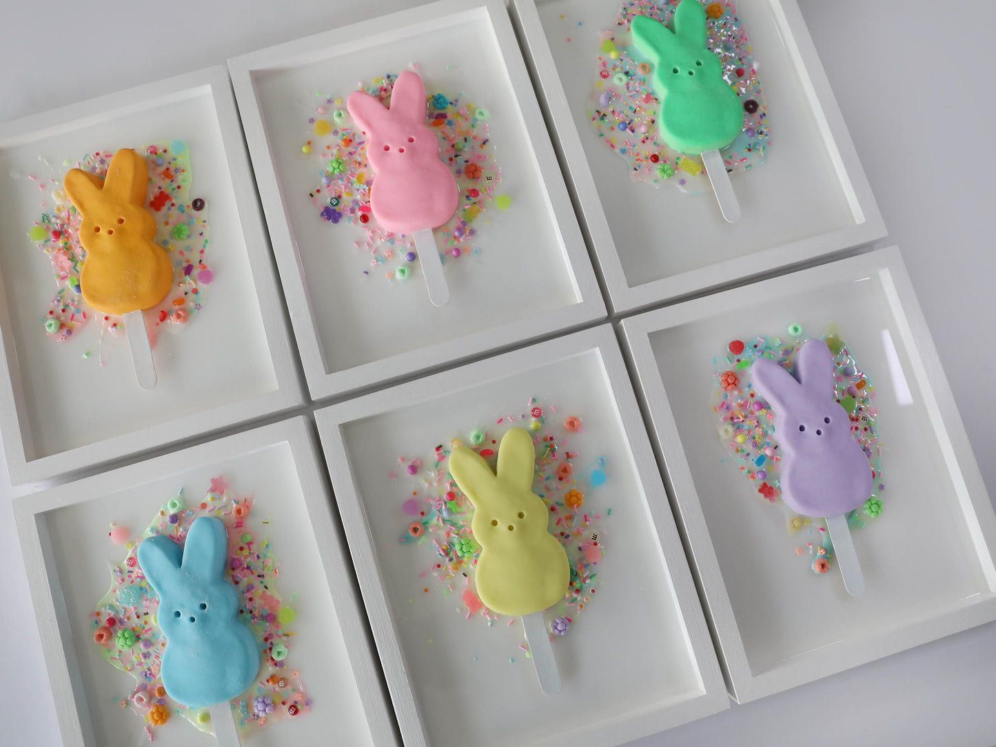 Marshmallow Bunny Popsicle Artwork, Handcrafted Clay Bunnies in Resin Pool, Whimsical Nursery Decor for Baby Shower Gift