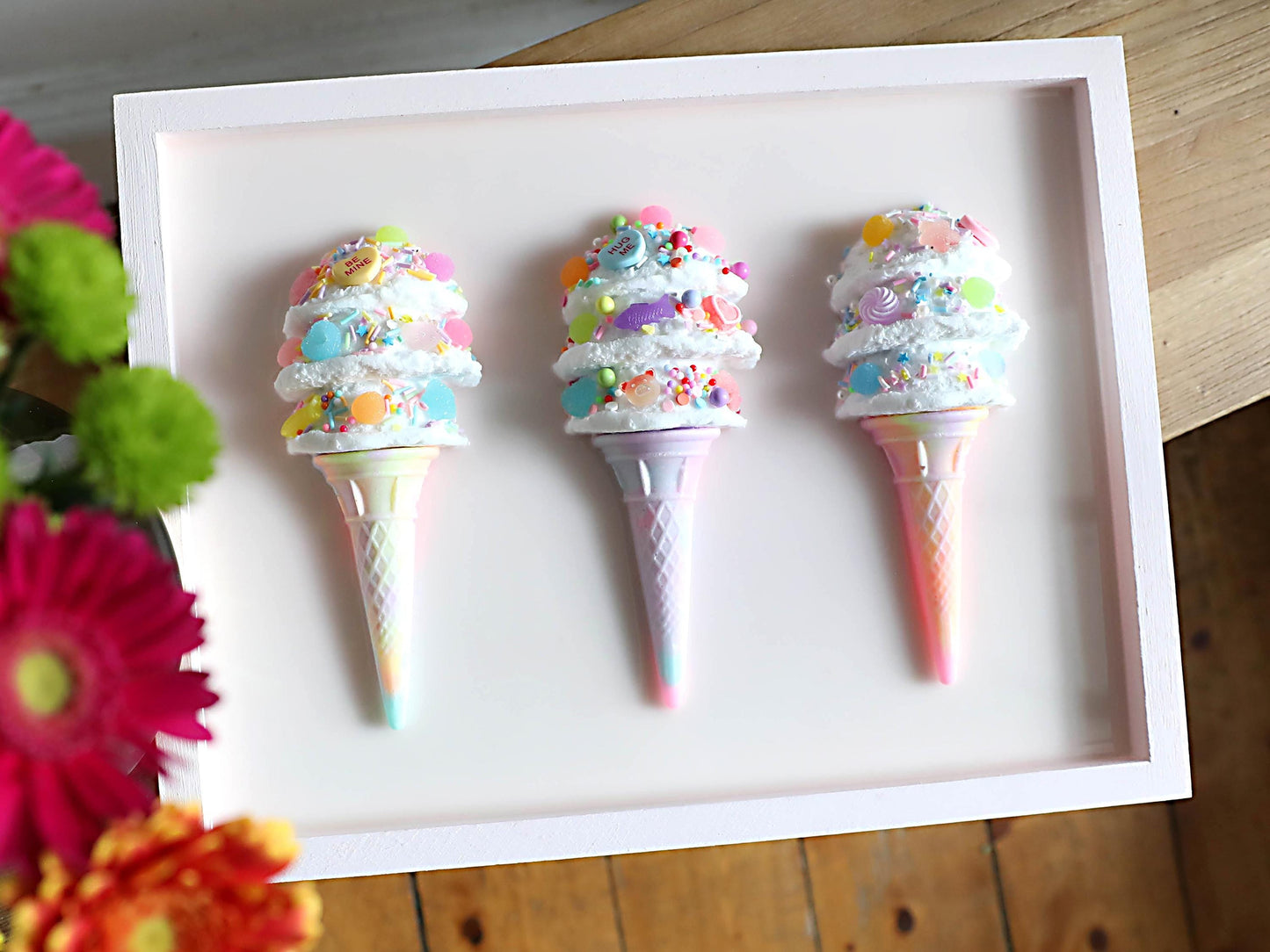 Triple Scoop Ice Cream Artwork, Handcrafted Resin Wall Art in Pastel Colours, Perfect for Kids' Rooms and Birthday Gifts
