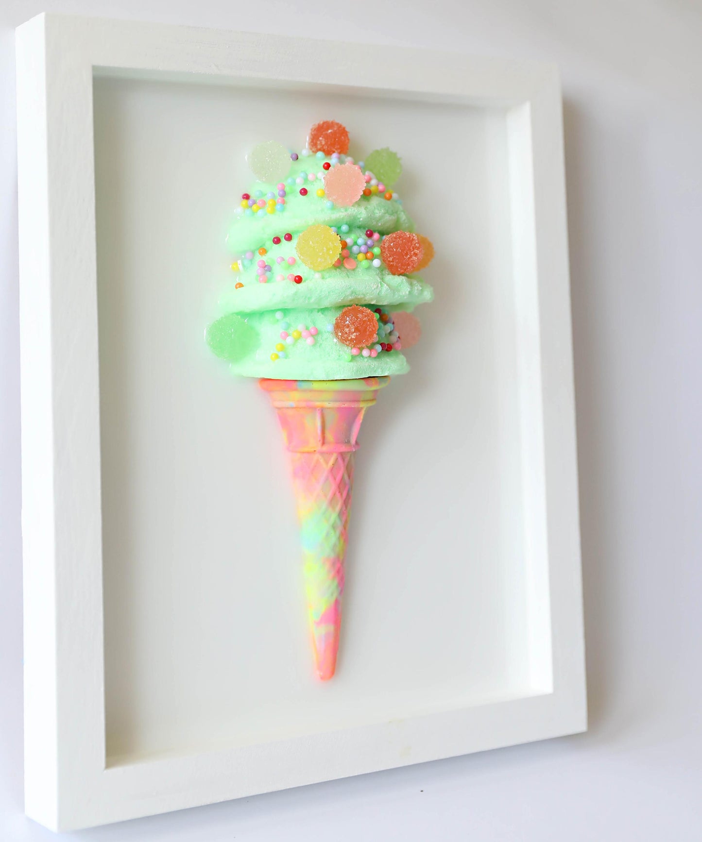 Whimsical Mint Green Ice Cream Art, Colourful Kids Room Decoration with Faux Candy, Unique Birthday Gift for Children’s Room