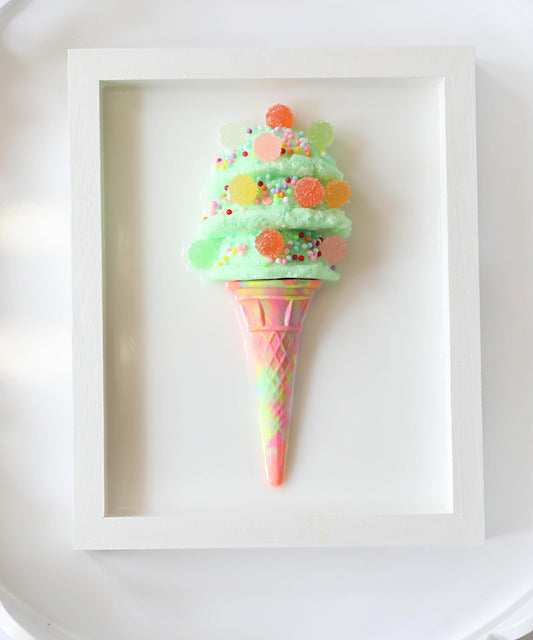 Whimsical Mint Green Ice Cream Art, Colourful Kids Room Decoration with Faux Candy, Unique Birthday Gift for Children’s Room