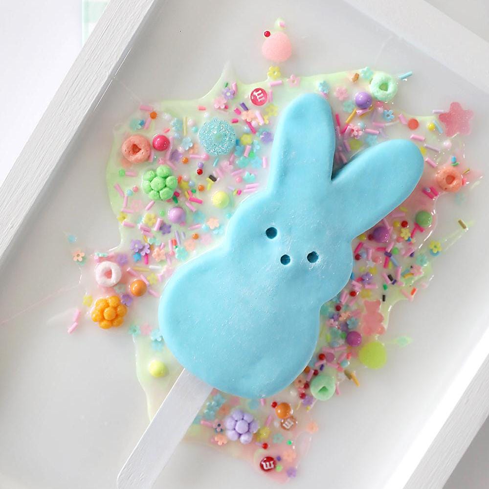 Vibrant Blue Marshmallow Bunny Popsicle Resin Artwork - Whimsical Easter Peep-Inspired Wall Decor