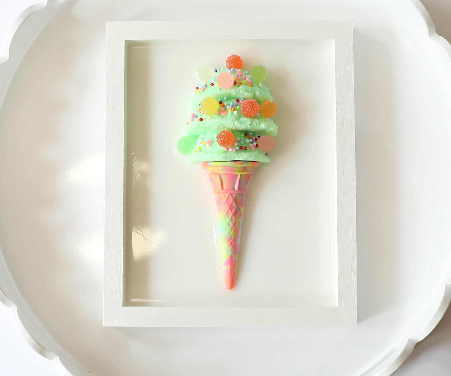 Whimsical Mint Green Ice Cream Art, Colourful Kids Room Decoration with Faux Candy, Unique Birthday Gift for Children’s Room