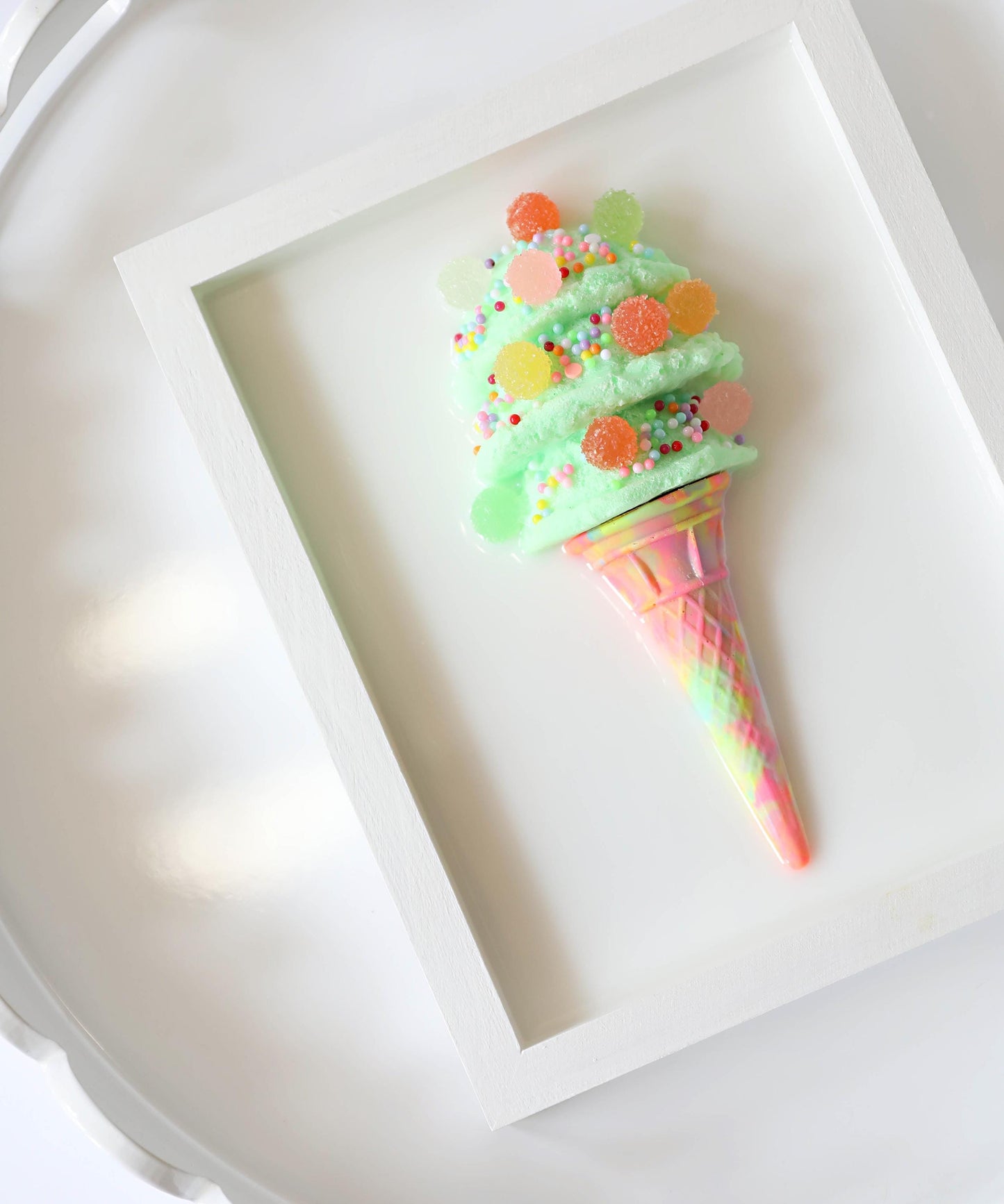 Whimsical Mint Green Ice Cream Art, Colourful Kids Room Decoration with Faux Candy, Unique Birthday Gift for Children’s Room