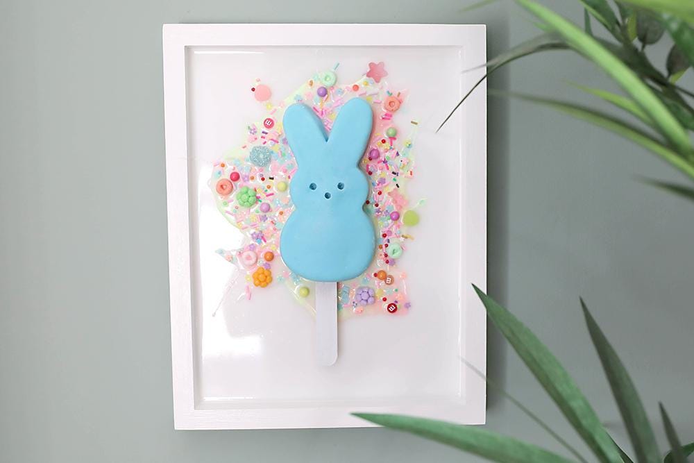 Vibrant Blue Marshmallow Bunny Popsicle Resin Artwork - Whimsical Easter Peep-Inspired Wall Decor