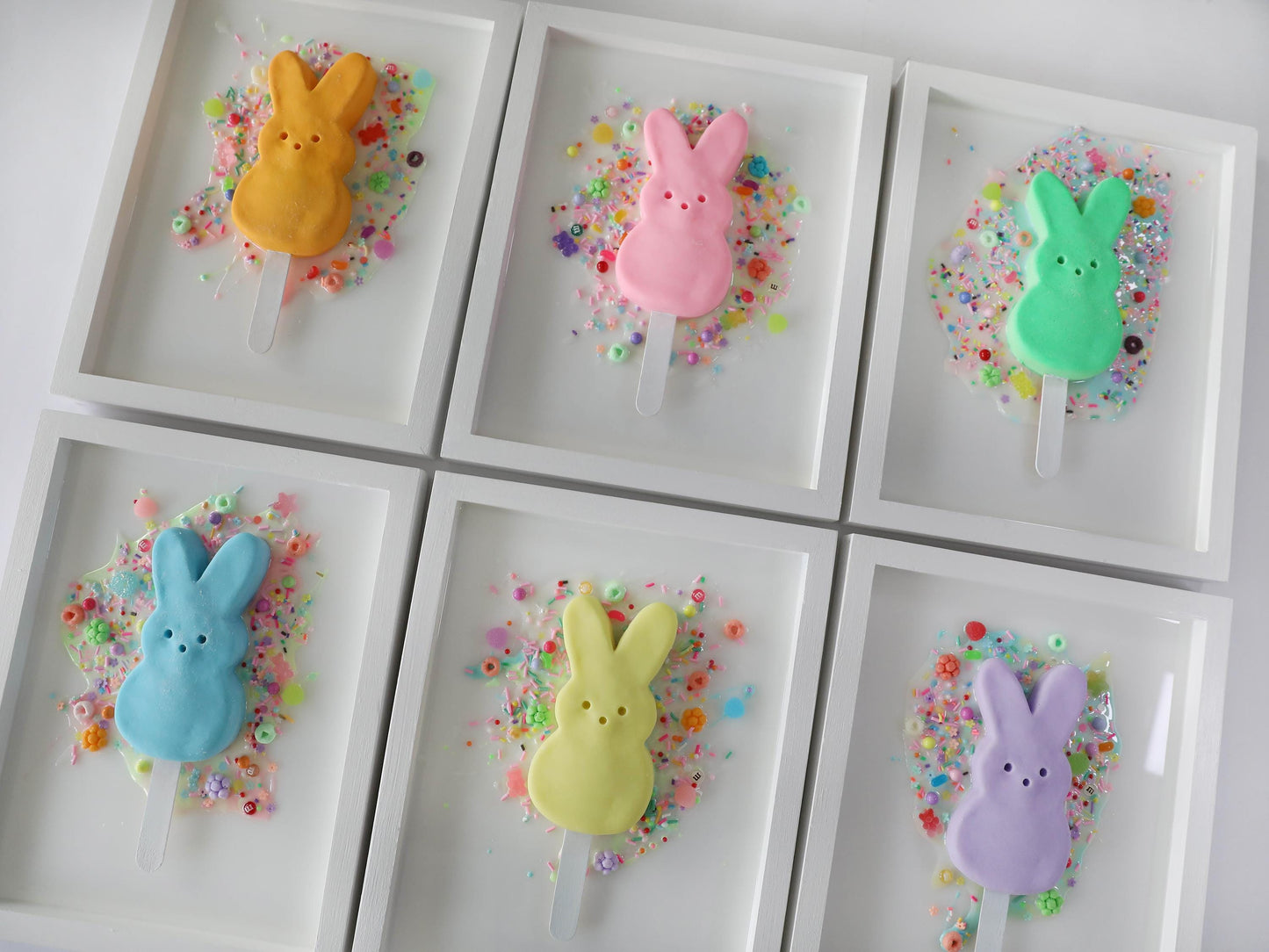 Marshmallow Bunny Popsicle Artwork, Handcrafted Clay Bunnies in Resin Pool, Whimsical Nursery Decor for Baby Shower Gift