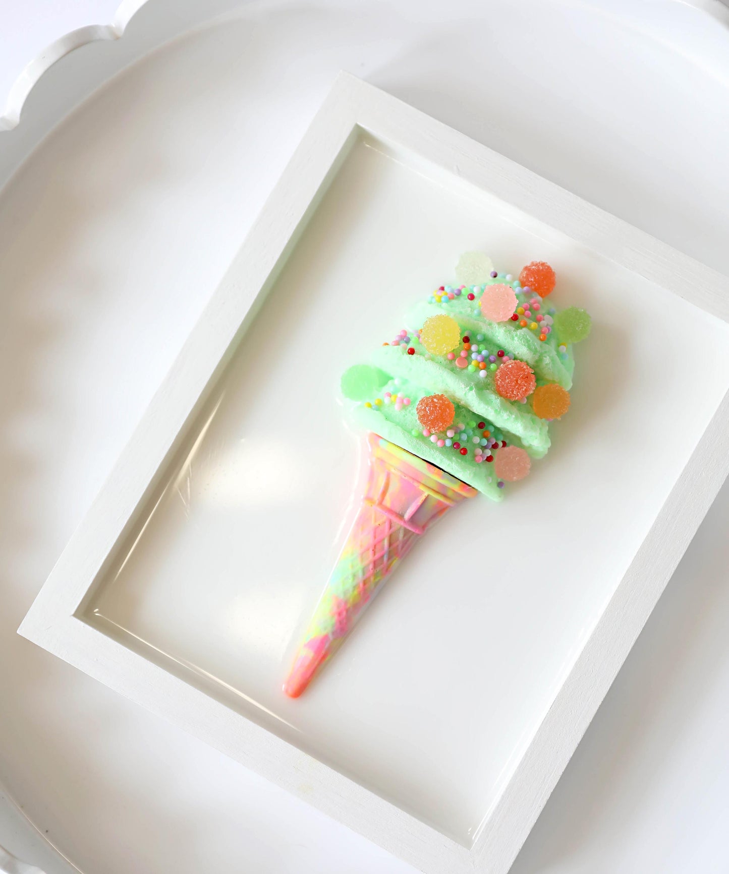 Whimsical Mint Green Ice Cream Art, Colourful Kids Room Decoration with Faux Candy, Unique Birthday Gift for Children’s Room