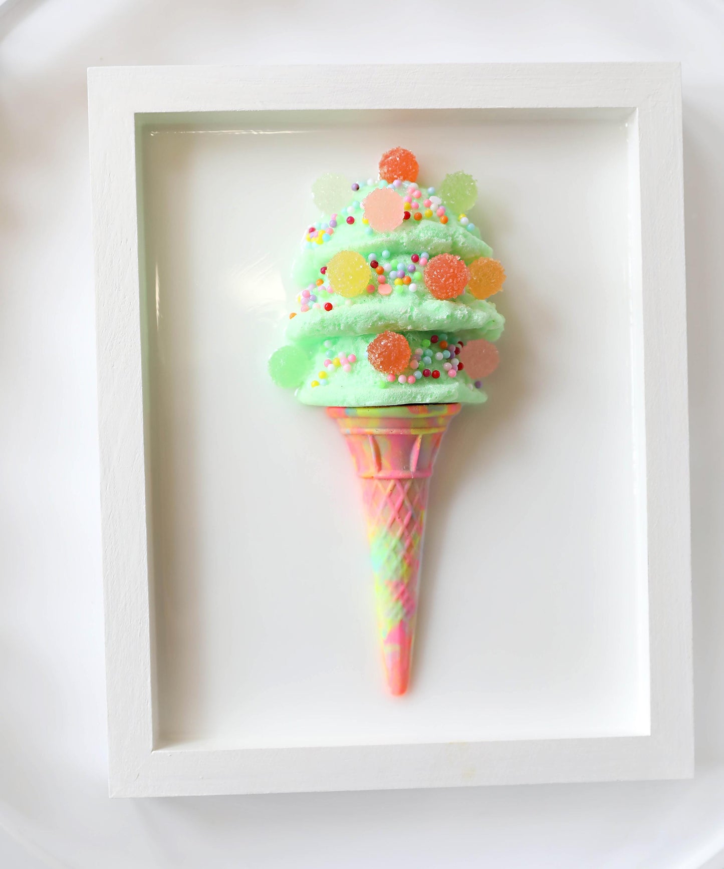 Whimsical Mint Green Ice Cream Art, Colourful Kids Room Decoration with Faux Candy, Unique Birthday Gift for Children’s Room