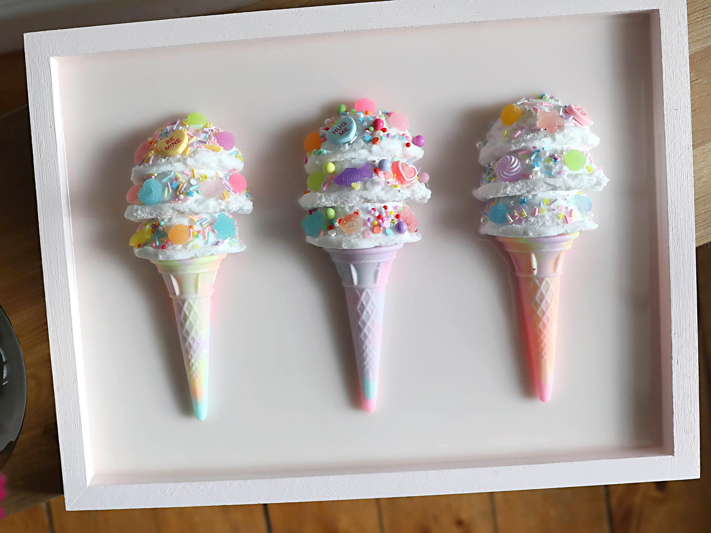 Triple Scoop Ice Cream Artwork, Handcrafted Resin Wall Art in Pastel Colours, Perfect for Kids' Rooms and Birthday Gifts