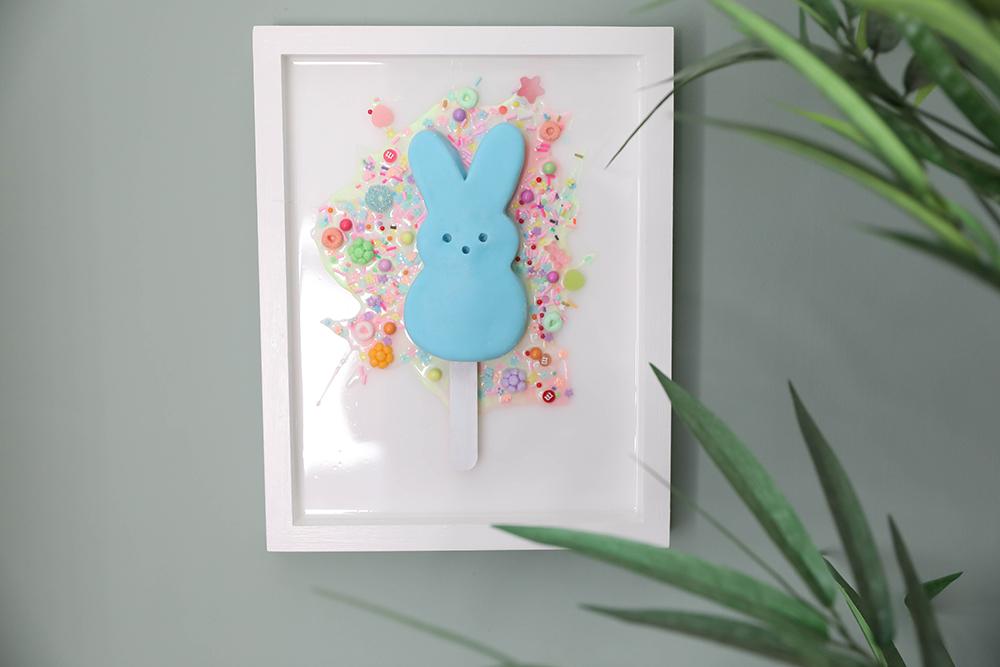 Vibrant Blue Marshmallow Bunny Popsicle Resin Artwork - Whimsical Easter Peep-Inspired Wall Decor