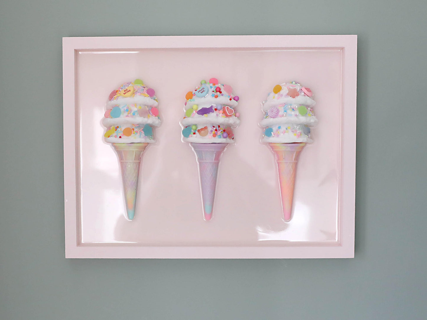 Triple Scoop Ice Cream Artwork, Handcrafted Resin Wall Art in Pastel Colours, Perfect for Kids' Rooms and Birthday Gifts