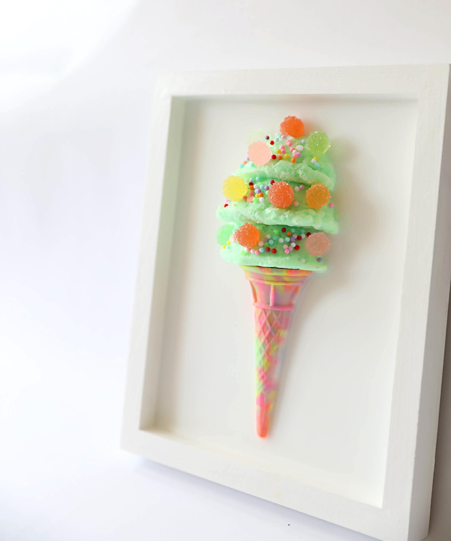Whimsical Mint Green Ice Cream Art, Colourful Kids Room Decoration with Faux Candy, Unique Birthday Gift for Children’s Room