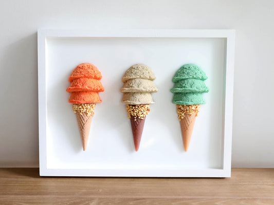 Sweeten Your Space: Whimsical Triple Scoop Ice Cream Wall Art with Sprinkled Nuts – A Delightful Handcrafted Gift Idea