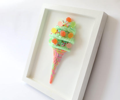 Whimsical Mint Green Ice Cream Art, Colourful Kids Room Decoration with Faux Candy, Unique Birthday Gift for Children’s Room