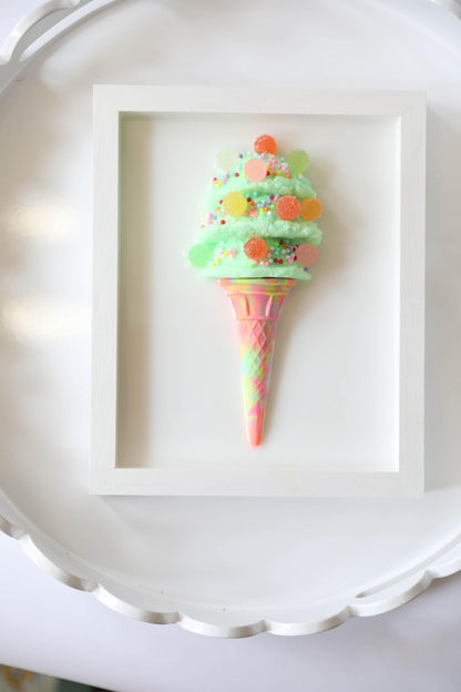 Whimsical Mint Green Ice Cream Art, Colourful Kids Room Decoration with Faux Candy, Unique Birthday Gift for Children’s Room