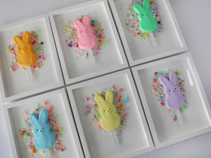 Marshmallow Bunny Popsicle Artwork, Handcrafted Clay Bunnies in Resin Pool, Whimsical Nursery Decor for Baby Shower Gift