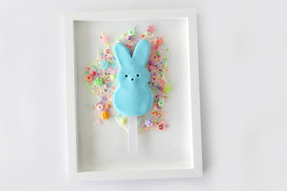 Vibrant Blue Marshmallow Bunny Popsicle Resin Artwork - Whimsical Easter Peep-Inspired Wall Decor