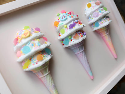 Triple Scoop Ice Cream Artwork, Handcrafted Resin Wall Art in Pastel Colours, Perfect for Kids' Rooms and Birthday Gifts
