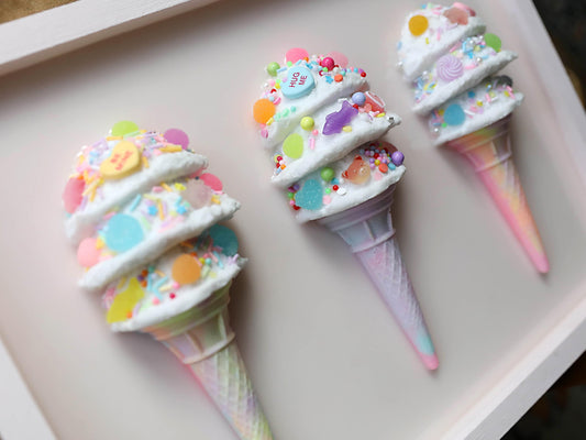 Triple Scoop Ice Cream Artwork, Handcrafted Resin Wall Art in Pastel Colours, Perfect for Kids' Rooms and Birthday Gifts