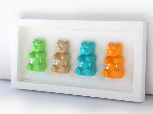 Gummy Bear Art, Bold Resin Bears in Handmade Frame, Fun Colorful Decor for Playful Spaces