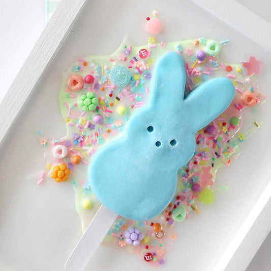 Vibrant Blue Marshmallow Bunny Popsicle Resin Artwork - Whimsical Easter Peep-Inspired Wall Decor