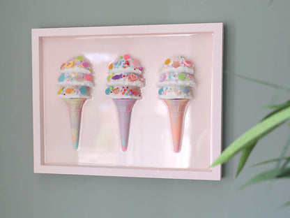 Triple Scoop Ice Cream Artwork, Handcrafted Resin Wall Art in Pastel Colours, Perfect for Kids' Rooms and Birthday Gifts