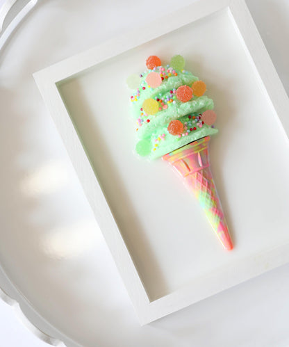 Whimsical Mint Green Ice Cream Art, Colourful Kids Room Decoration with Faux Candy, Unique Birthday Gift for Children’s Room