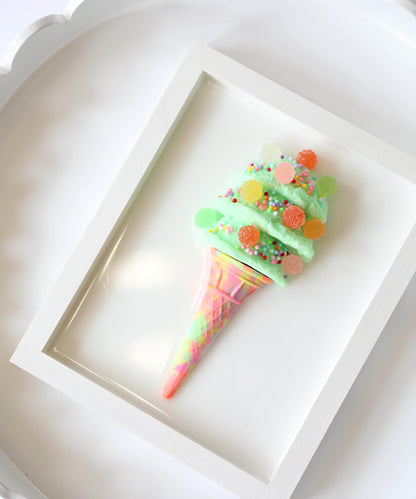 Whimsical Mint Green Ice Cream Art, Colourful Kids Room Decoration with Faux Candy, Unique Birthday Gift for Children’s Room