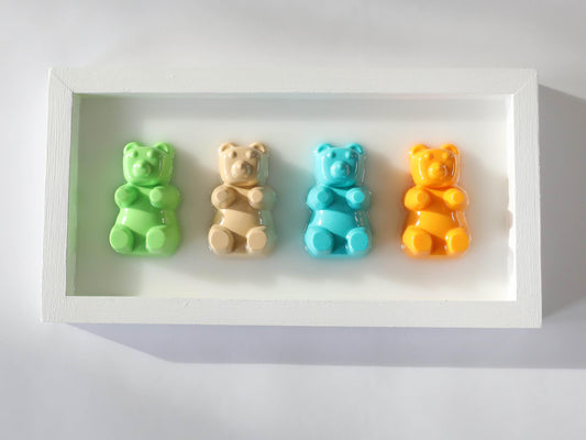 Gummy Bear Art, Bold Resin Bears in Handmade Frame, Fun Colorful Decor for Playful Spaces