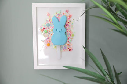 Vibrant Blue Marshmallow Bunny Popsicle Resin Artwork - Whimsical Easter Peep-Inspired Wall Decor