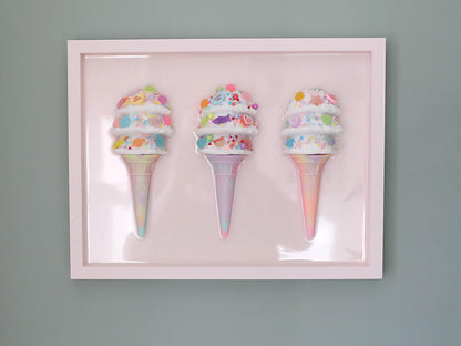 Triple Scoop Ice Cream Artwork, Handcrafted Resin Wall Art in Pastel Colours, Perfect for Kids' Rooms and Birthday Gifts