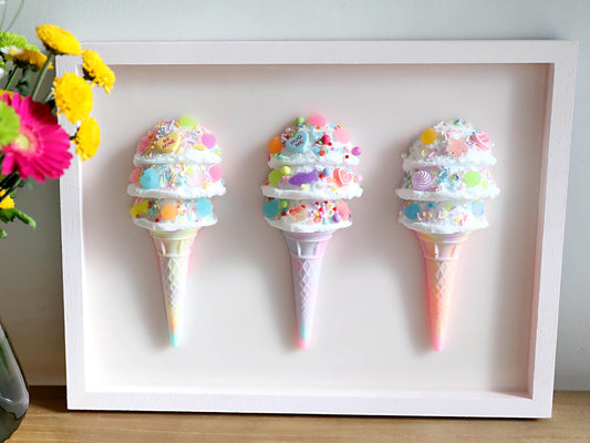 Triple Scoop Ice Cream Artwork, Handcrafted Resin Wall Art in Pastel Colours, Perfect for Kids' Rooms and Birthday Gifts